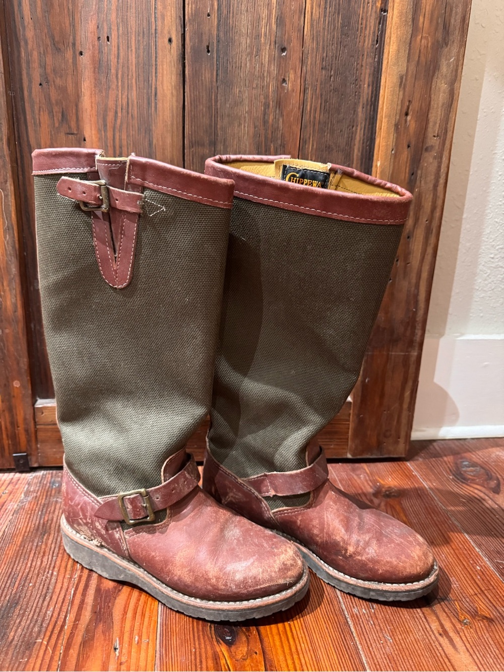 Chippewa Brown Leather and Olive Canvas Women’s Snake Boots
